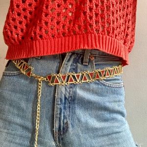 WCM Red Genuine Lizard Inlayed Triangle Chain Belt